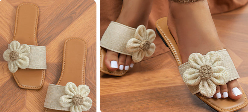 Women's Fashion Beige Flower Flat Slippers