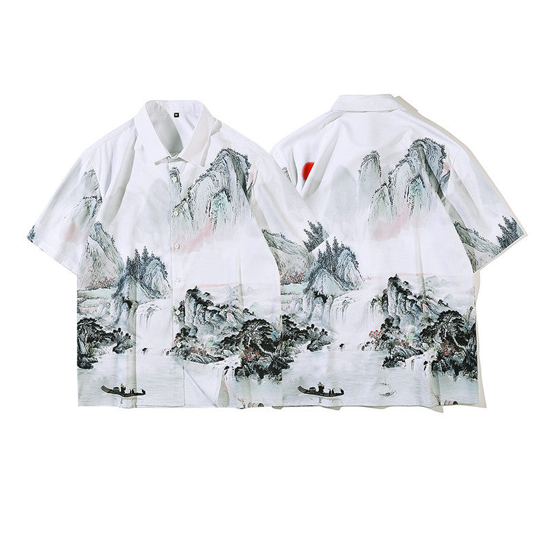 Retro Chinese Style Full Print Short-Sleeved Shirt Men