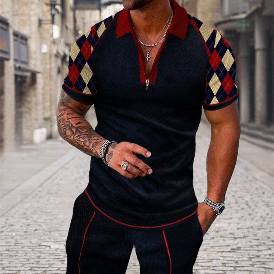 Men's Summer Fashion 3D Printed Short Sleeve Geometric Zip Lapel Shirt Set