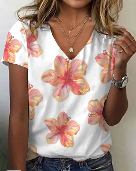 Printed Fashion New Floral V-neck Short-sleeved T-shirt