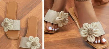 Women's Fashion Beige Flower Flat Slippers