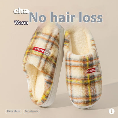 Women's Home Plush Warm Non-slip Plaid Cotton Shoes