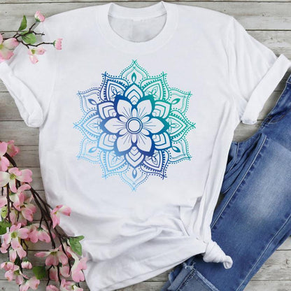 T-shirt Women's Printed Short Sleeve Datura Flower Floral Print White Round Neck