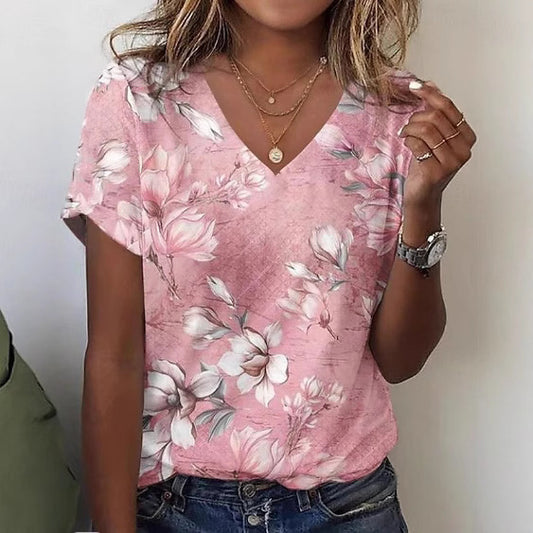 Printed Fashion New Floral V-neck Short-sleeved T-shirt