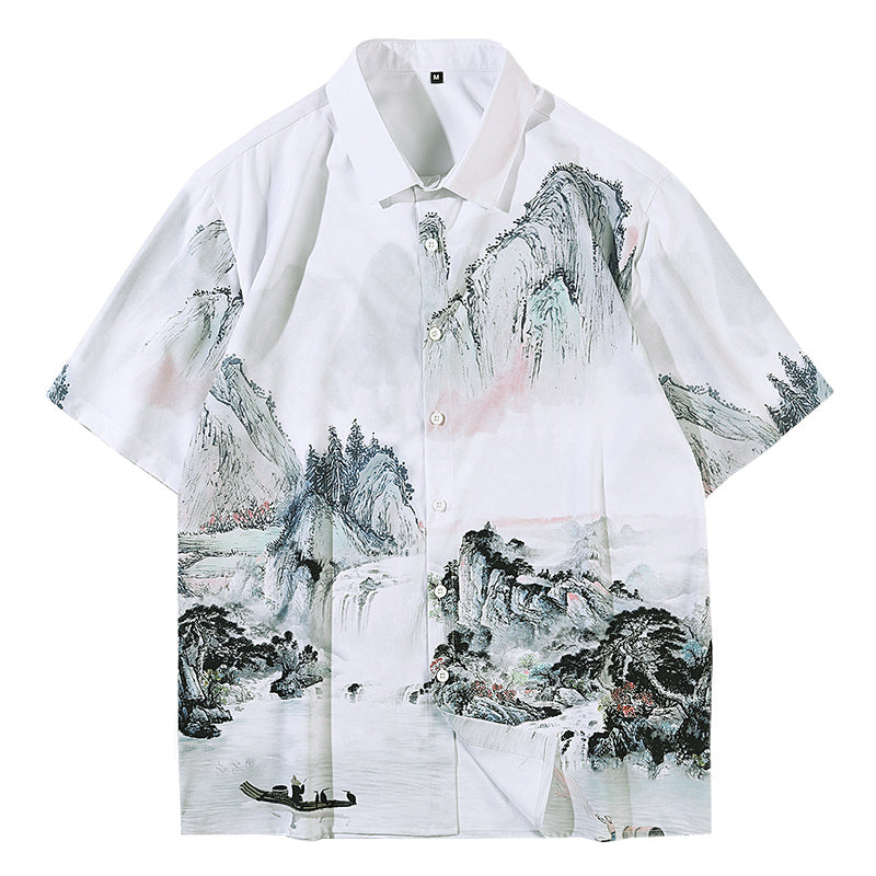 Retro Chinese Style Full Print Short-Sleeved Shirt Men
