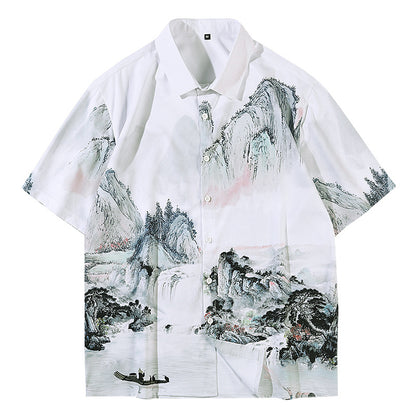Retro Chinese Style Full Print Short-Sleeved Shirt Men