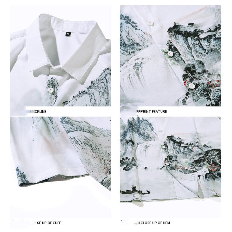 Retro Chinese Style Full Print Short-Sleeved Shirt Men