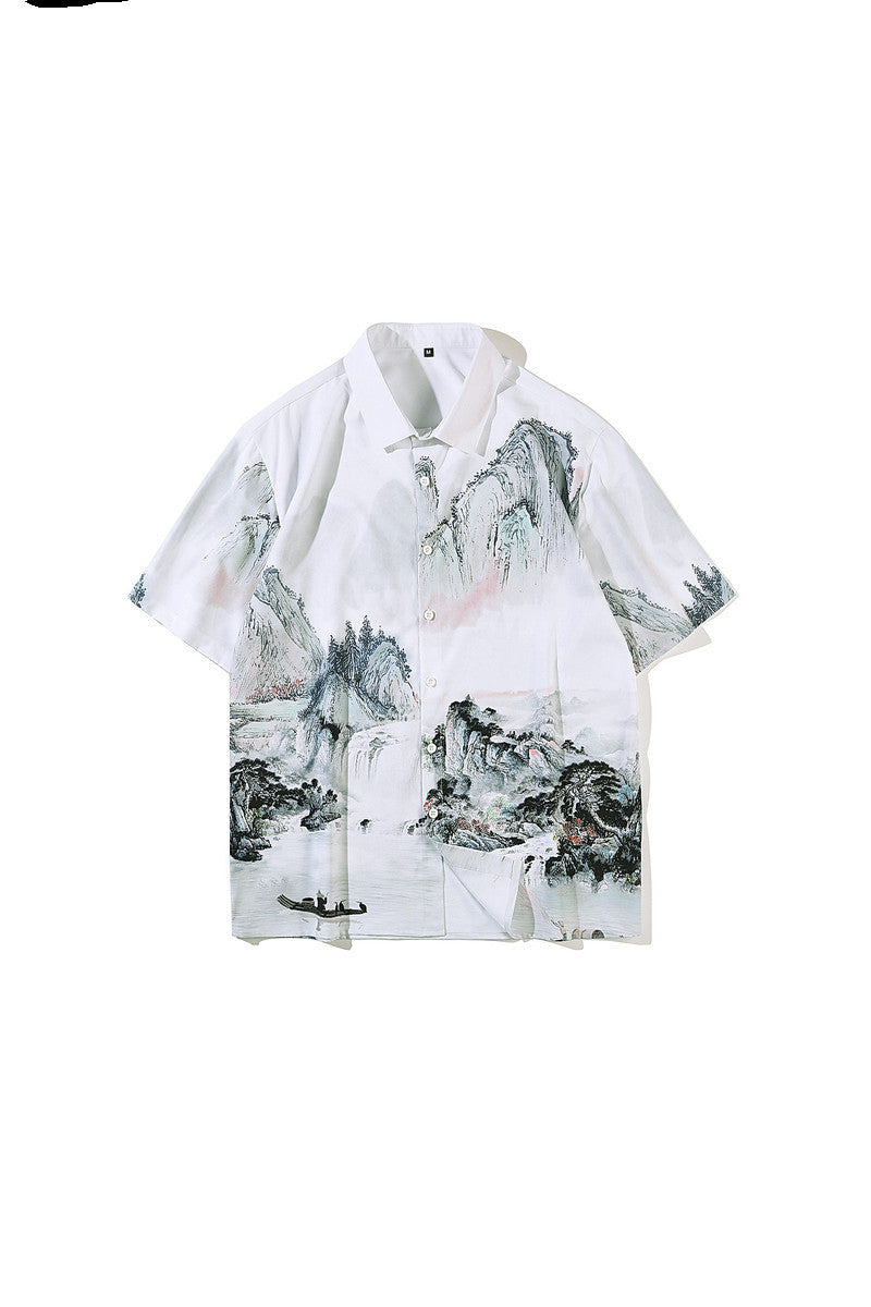 Retro Chinese Style Full Print Short-Sleeved Shirt Men