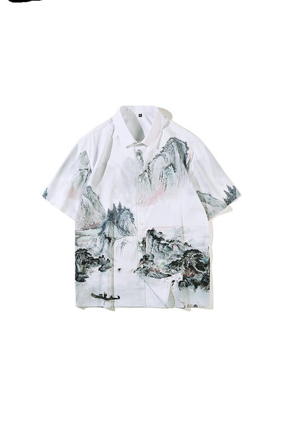 Retro Chinese Style Full Print Short-Sleeved Shirt Men