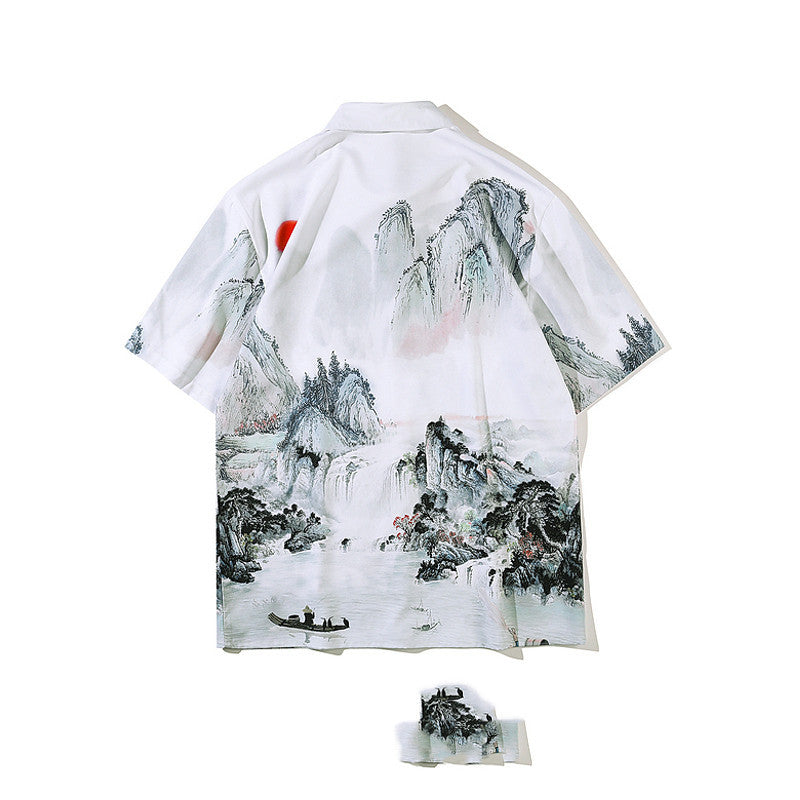 Retro Chinese Style Full Print Short-Sleeved Shirt Men