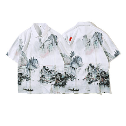 Retro Chinese Style Full Print Short-Sleeved Shirt Men