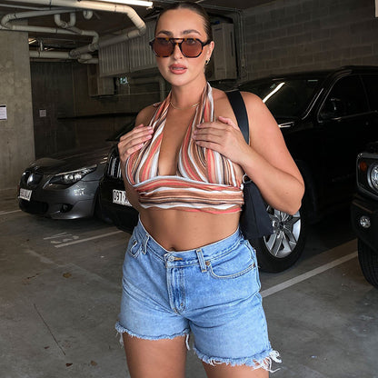 European And American New Style Women's Halter Neck Stripe Halter Umbilical Tie Casual Blouse T-shirt