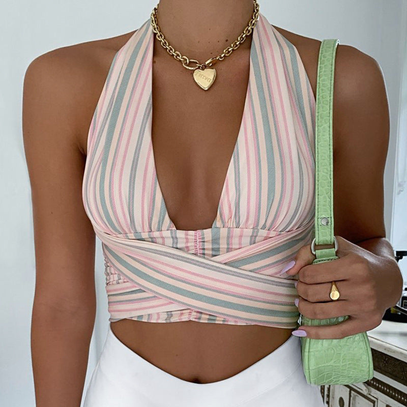 European And American New Style Women's Halter Neck Stripe Halter Umbilical Tie Casual Blouse T-shirt