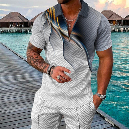 Men's Summer Fashion 3D Printed Short Sleeve Geometric Zip Lapel Shirt Set