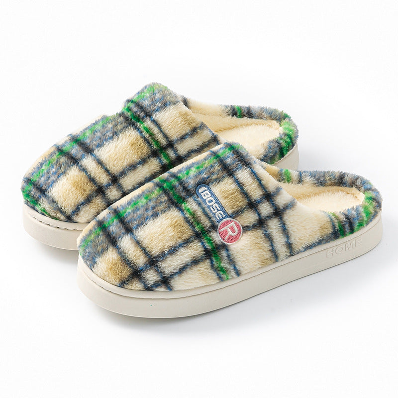 Women's Home Plush Warm Non-slip Plaid Cotton Shoes