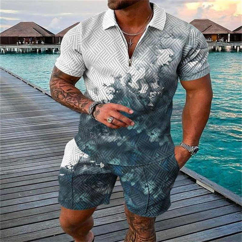 Zipper Polo Shirt Suit Men's Casual 3D