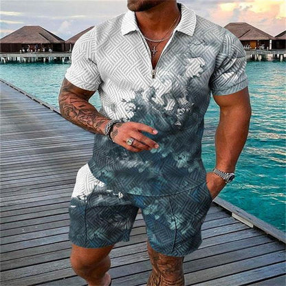 Zipper Polo Shirt Suit Men's Casual 3D