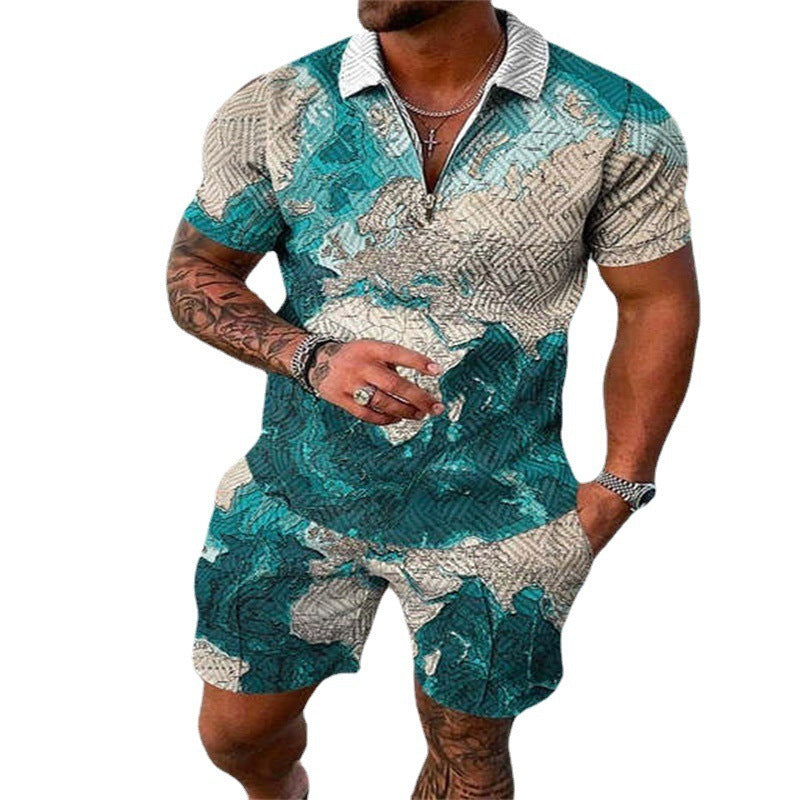 Zipper Polo Shirt Suit Men's Casual 3D