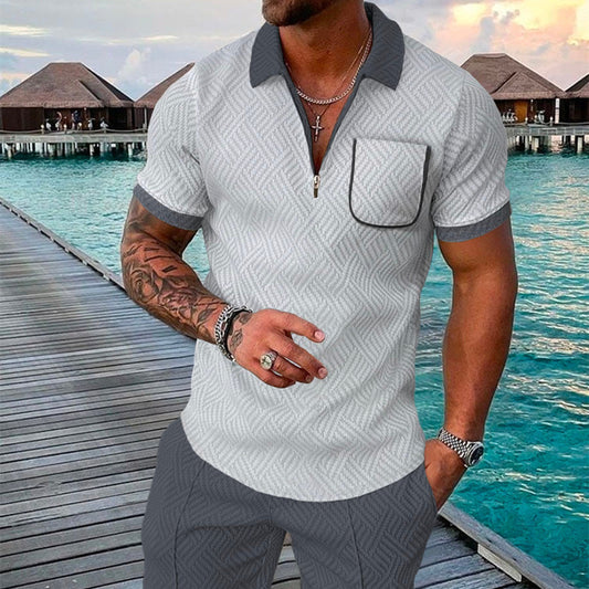 Men's Summer Fashion 3D Printed Short Sleeve Geometric Zip Lapel Shirt Set
