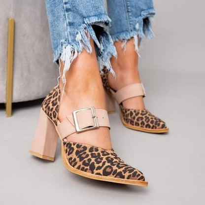 Spring Fashion High Heel Pointed Belt Buckle Leopard Print Sandals
