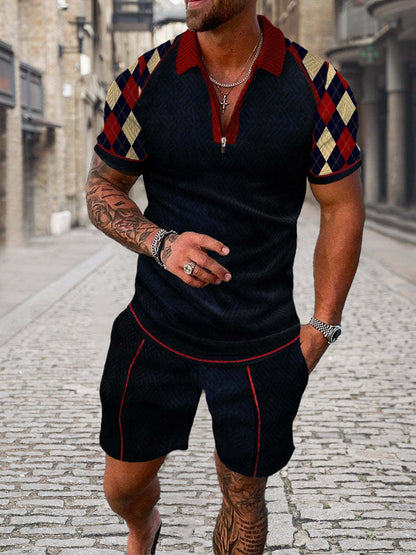 Men's Summer Fashion 3D Printed Short Sleeve Geometric Zip Lapel Shirt Set