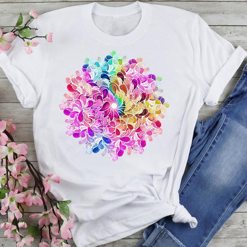 T-shirt Women's Printed Short Sleeve Datura Flower Floral Print White Round Neck