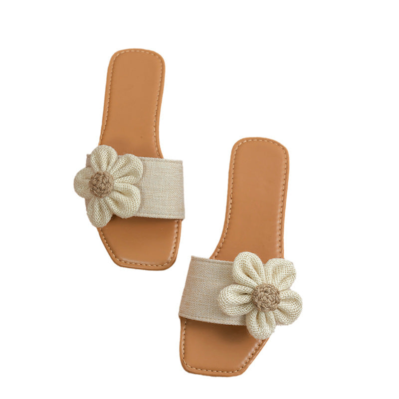 Women's Fashion Beige Flower Flat Slippers