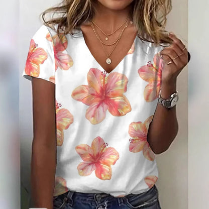 Printed Fashion New Floral V-neck Short-sleeved T-shirt