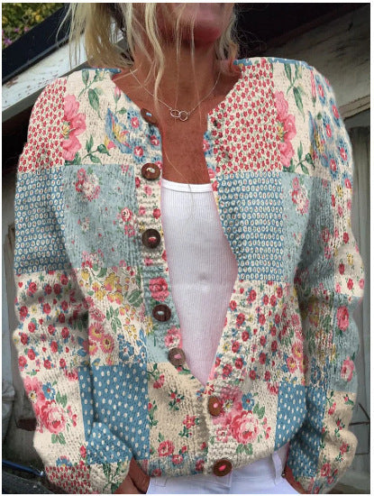 Autumn And Winter Floral Cardigan Round Neck Top