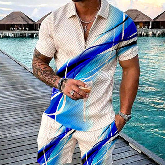 Men's Summer Fashion 3D Printed Short Sleeve Geometric Zip Lapel Shirt Set