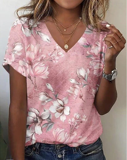 Printed Fashion New Floral V-neck Short-sleeved T-shirt