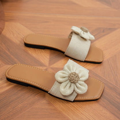 Women's Fashion Beige Flower Flat Slippers