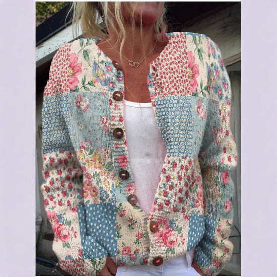 Autumn And Winter Floral Cardigan Round Neck Top