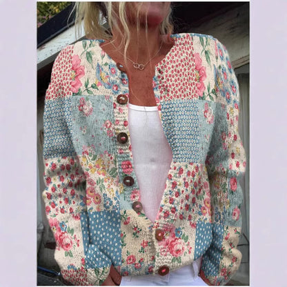 Autumn And Winter Floral Cardigan Round Neck Top