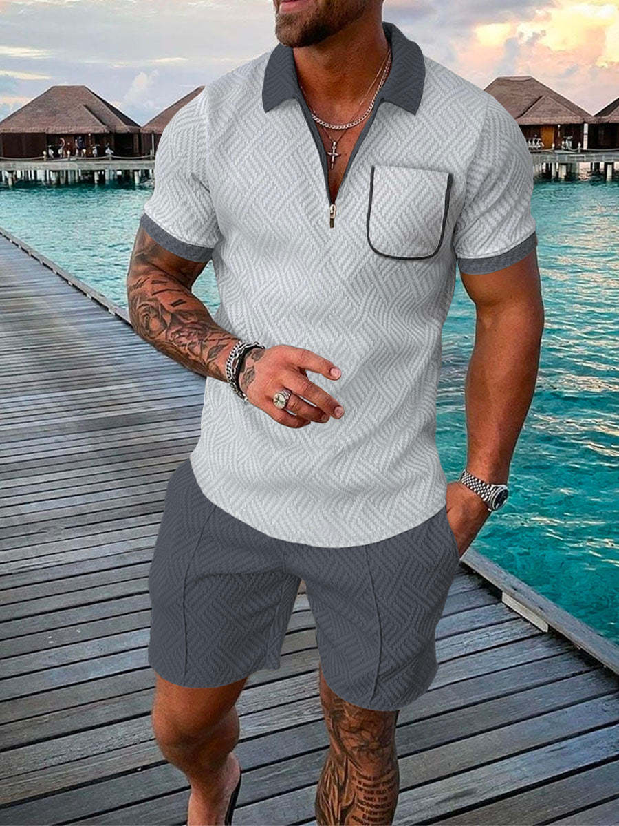 Men's Summer Fashion 3D Printed Short Sleeve Geometric Zip Lapel Shirt Set