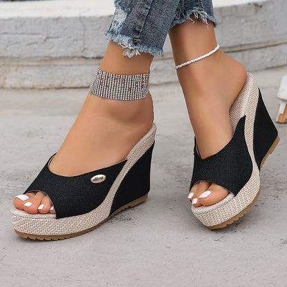 Women's Black Wedge Sandals With Buckle Details, Stylish And Generous