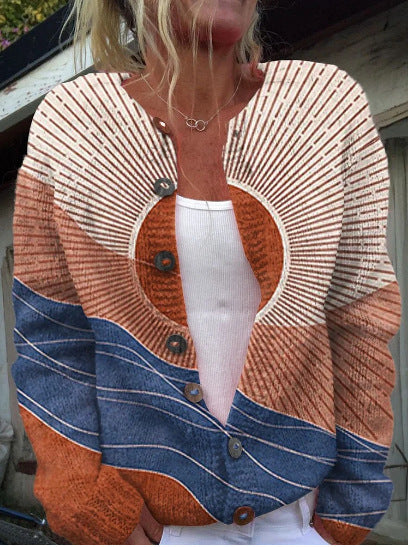 Autumn And Winter Floral Cardigan Round Neck Top