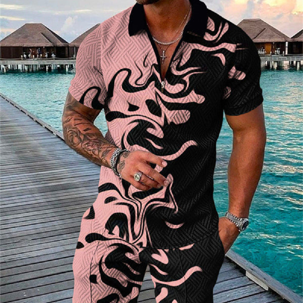 Zipper Polo Shirt Suit Men's Casual 3D