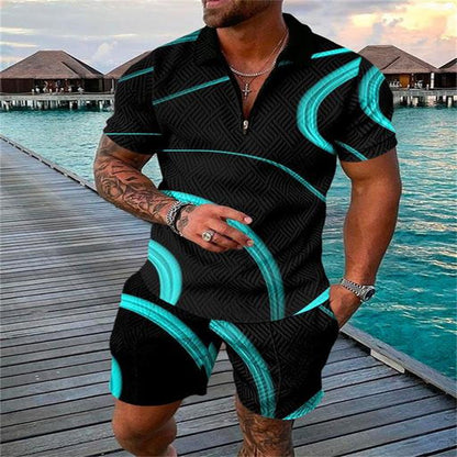 Zipper Polo Shirt Suit Men's Casual 3D