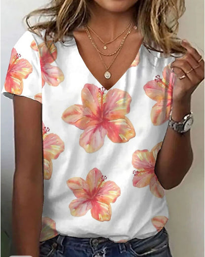 Printed Fashion New Floral V-neck Short-sleeved T-shirt