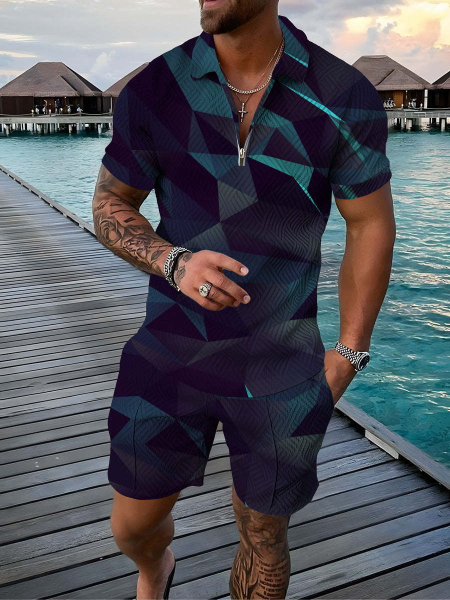 Men's Summer Fashion 3D Printed Short Sleeve Geometric Zip Lapel Shirt Set