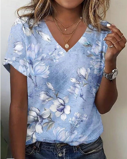 Printed Fashion New Floral V-neck Short-sleeved T-shirt