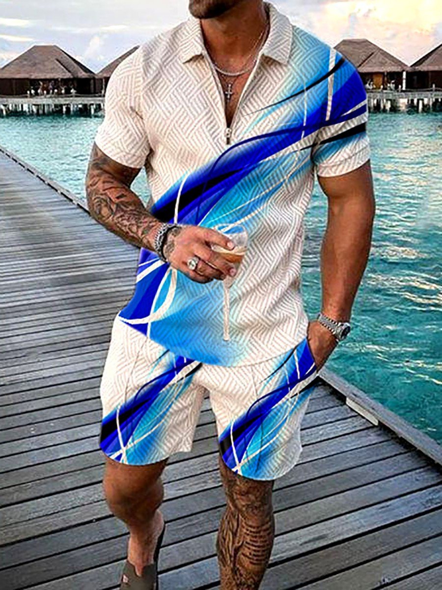 Men's Summer Fashion 3D Printed Short Sleeve Geometric Zip Lapel Shirt Set