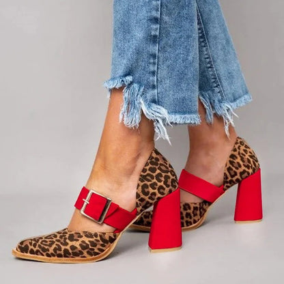 Spring Fashion High Heel Pointed Belt Buckle Leopard Print Sandals