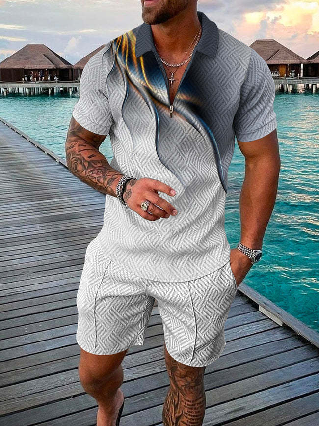 Men's Summer Fashion 3D Printed Short Sleeve Geometric Zip Lapel Shirt Set