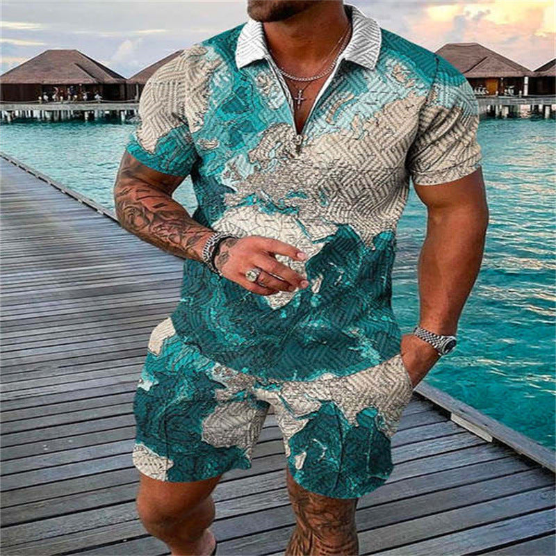 Zipper Polo Shirt Suit Men's Casual 3D